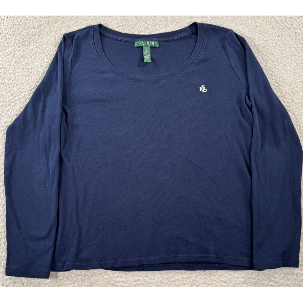 Lauren Ralph Lauren Shirt Women's Large Blue Embroidered Long Sleeve Round Neck